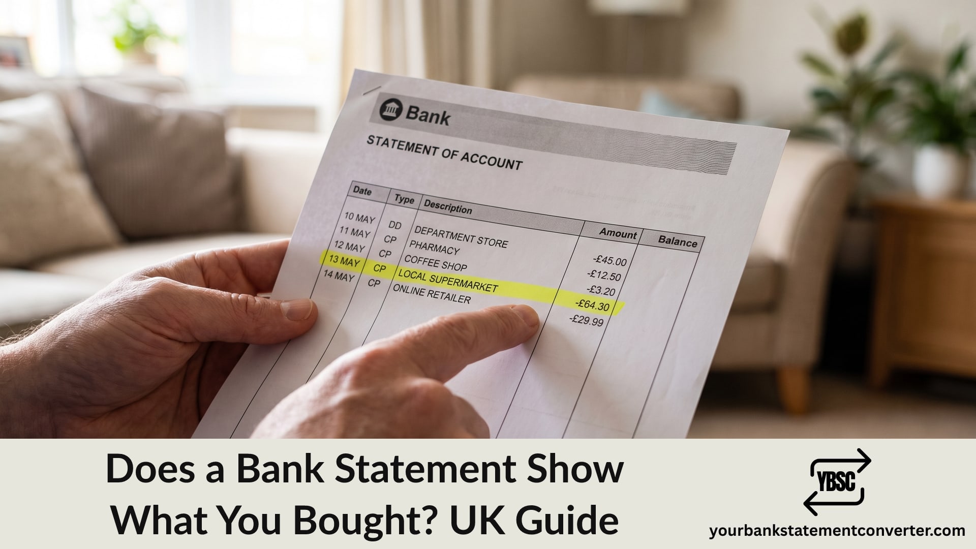 A bank statement showing merchant names but no itemised purchase detail