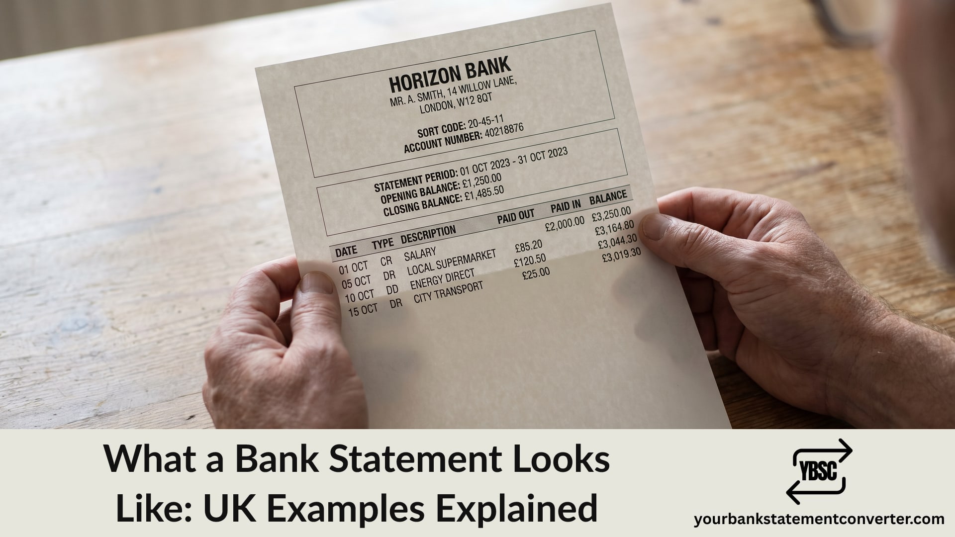 A typical UK bank statement showing header, summary and transaction table