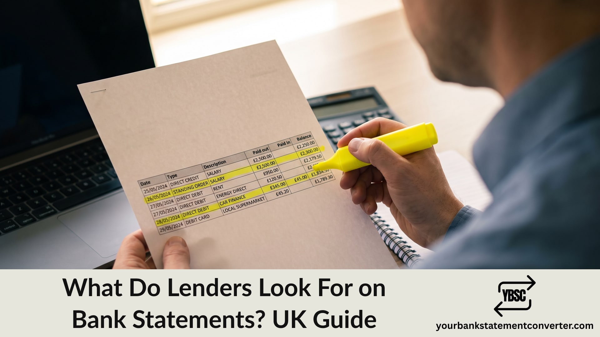 A lender reviewing income and spending entries on a UK bank statement