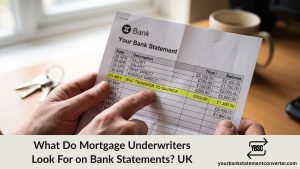 A mortgage underwriter checking deposit and income entries on a UK bank statement