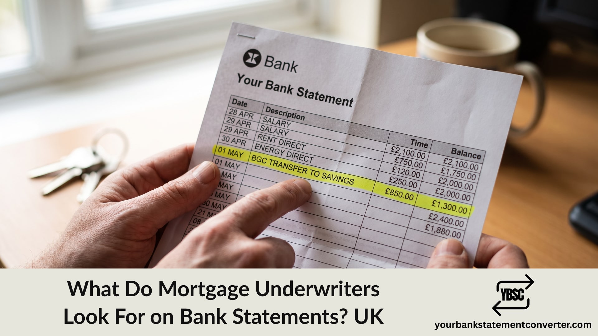 A mortgage underwriter checking deposit and income entries on a UK bank statement