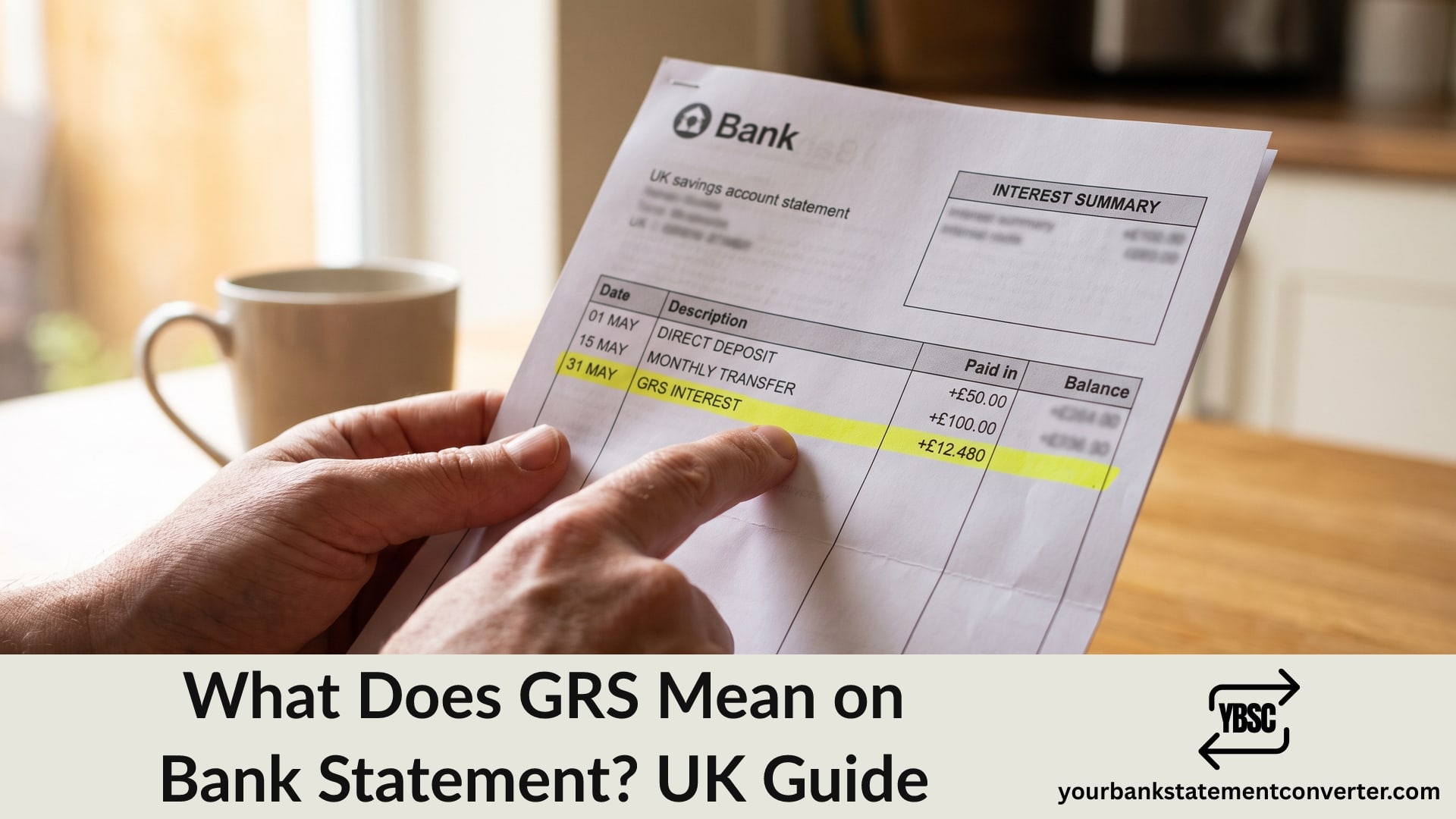 Finger pointing at a GRS entry highlighted on a UK bank statement