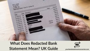 A bank statement with certain lines blacked out during redaction