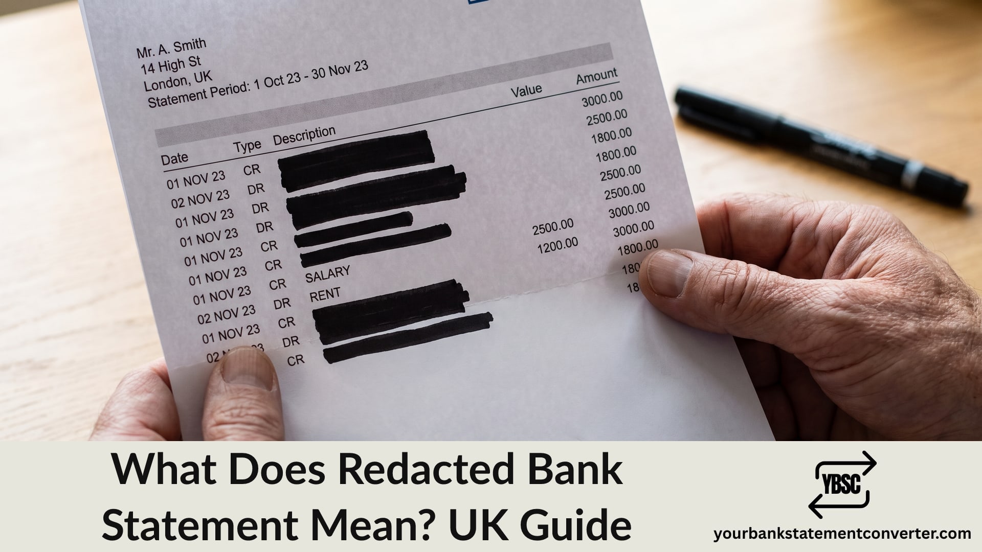 A bank statement with certain lines blacked out during redaction