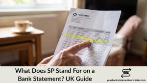 Finger pointing at an SP entry highlighted on a UK bank statement