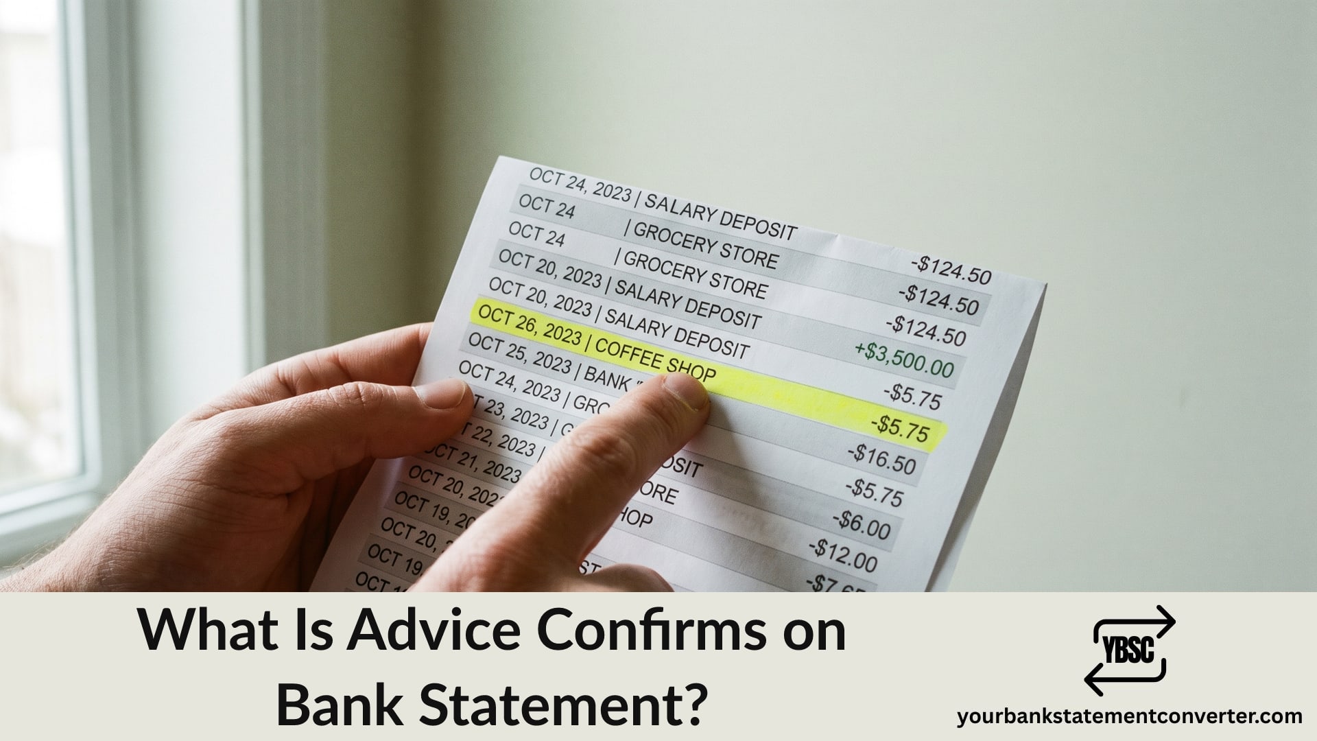 Finger pointing at an Advice Confirms entry on a bank statement