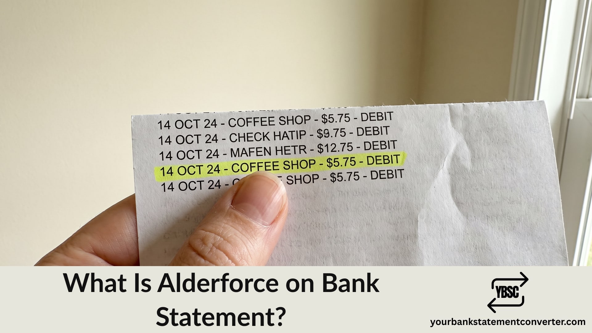 Finger pointing at an Alderforce charge on a bank statement
