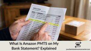 Finger pointing at an AMAZON PMTS entry highlighted on a bank statement