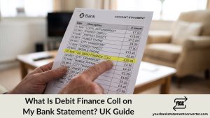 Finger pointing at a Debit Finance Collections direct debit on a bank statement