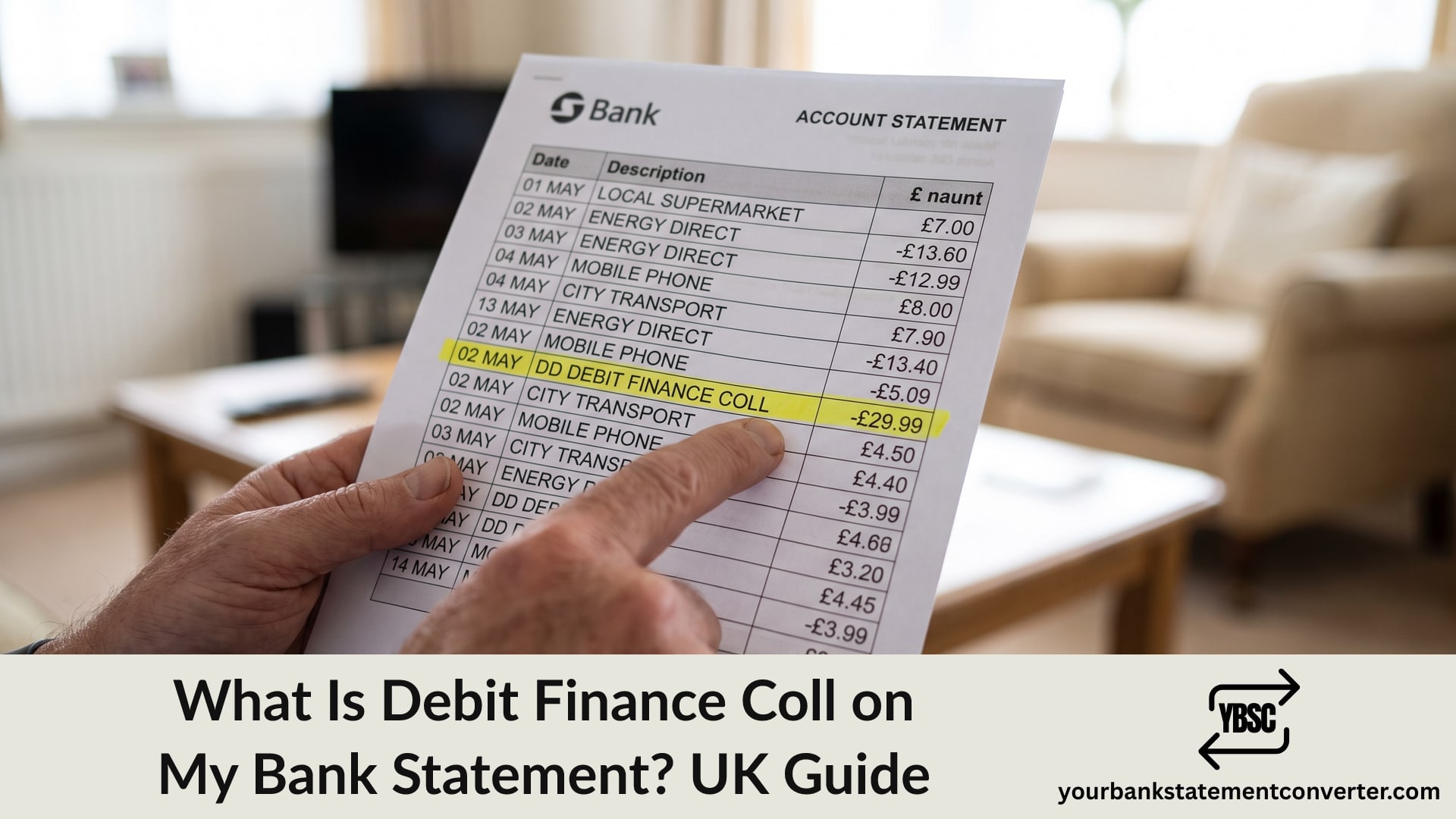Finger pointing at a Debit Finance Collections direct debit on a bank statement