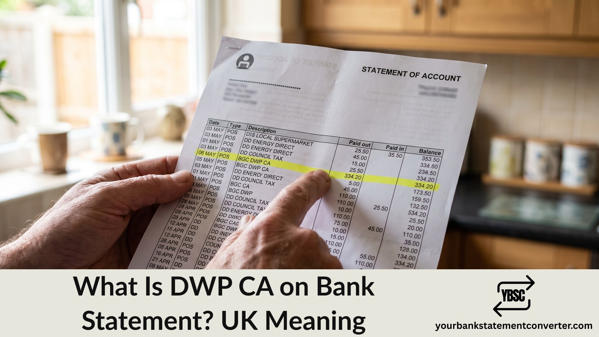 Finger pointing at a DWP CA payment on a UK bank statement