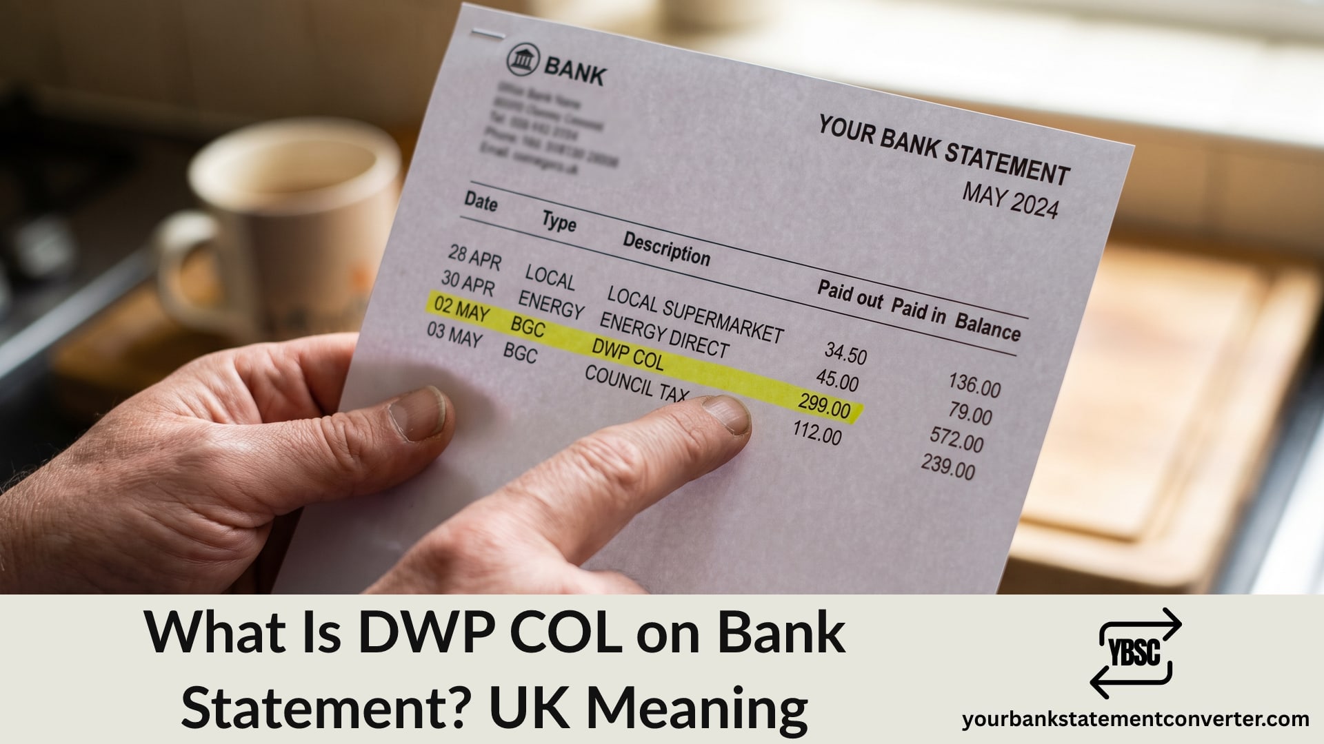 Finger pointing at a DWP COL payment on a UK bank statement