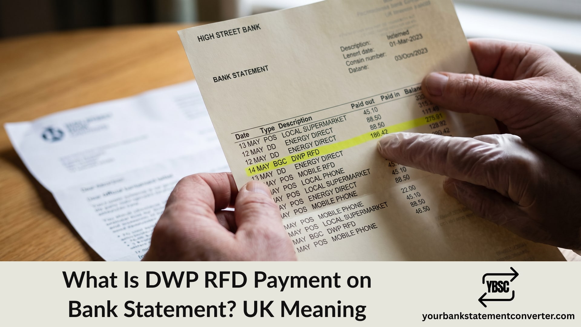 Finger pointing at a DWP RFD payment on a UK bank statement