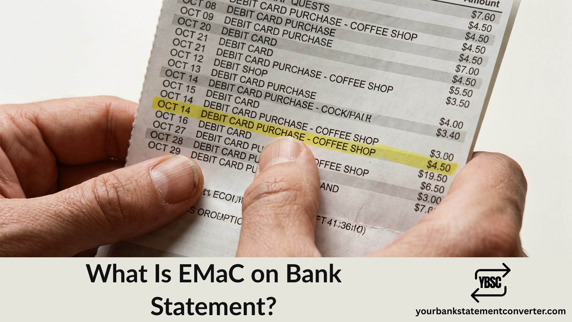 Finger pointing at an EMaC direct debit on a bank statement