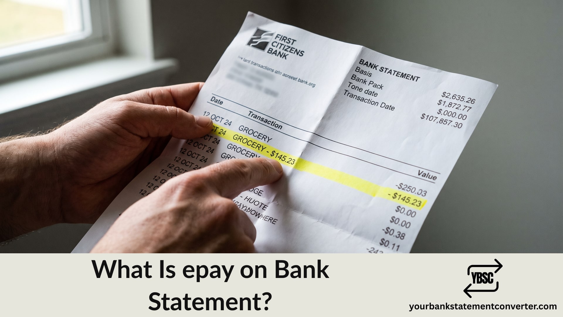 Finger pointing at an epay charge on a bank statement