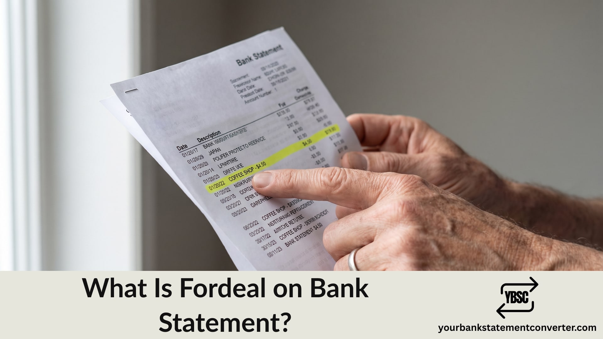 Finger pointing at a Fordeal charge on a bank statement