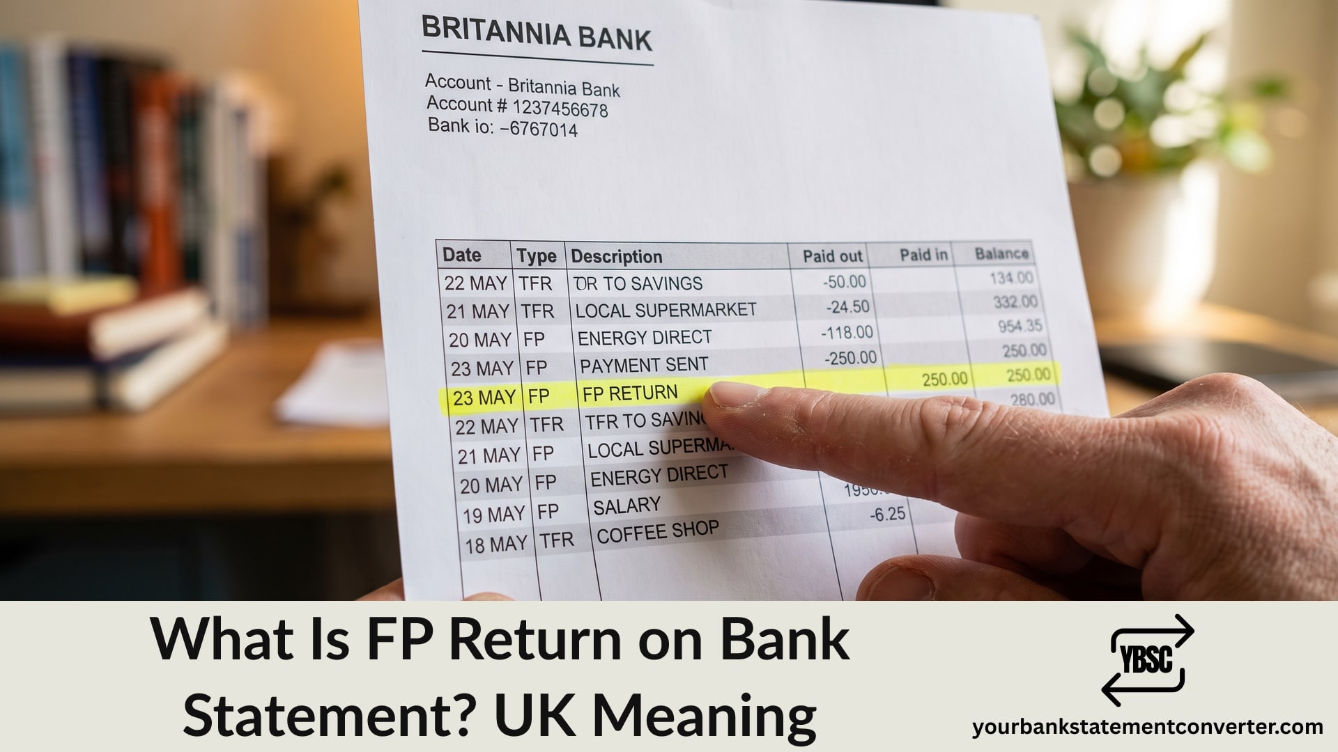 Finger pointing at an FP Return entry on a UK bank statement