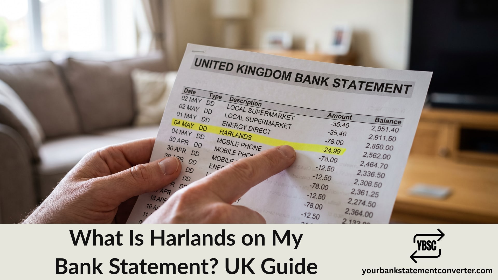 Finger pointing at a Harlands direct debit on a UK bank statement