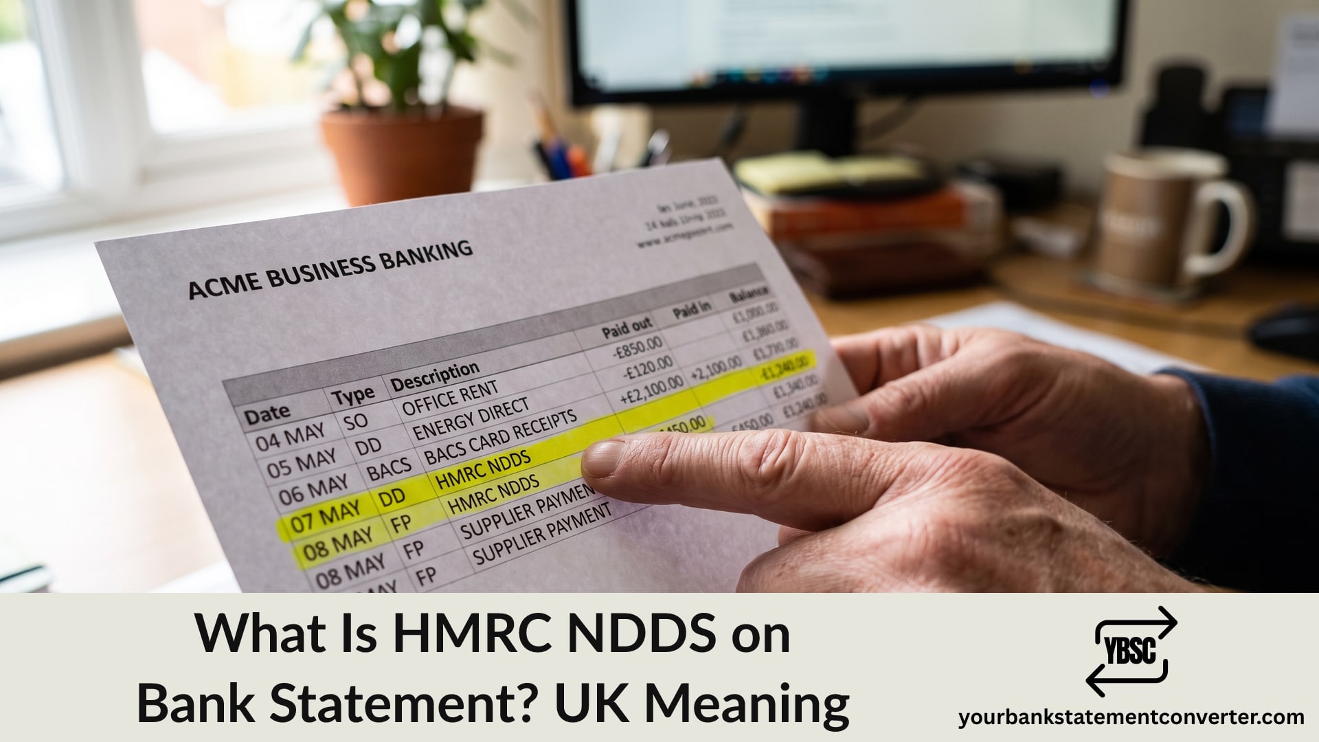 Finger pointing at an HMRC NDDS direct debit on a UK bank statement