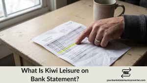 Finger pointing at a Kiwi Leisure charge on a bank statement