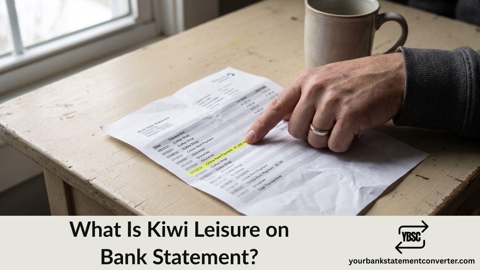 Finger pointing at a Kiwi Leisure charge on a bank statement