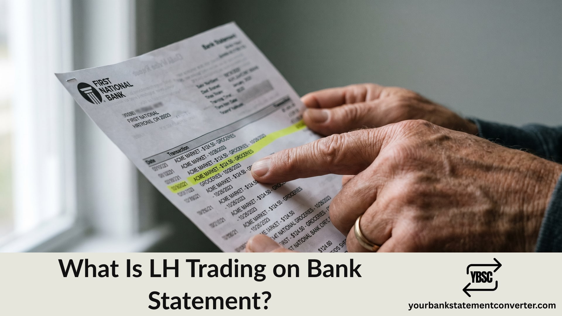 Finger pointing at an LH Trading charge on a bank statement