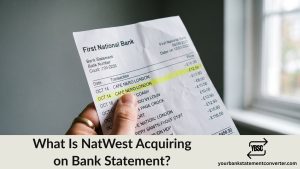 Finger pointing at a NatWest Acquiring entry on a bank statement