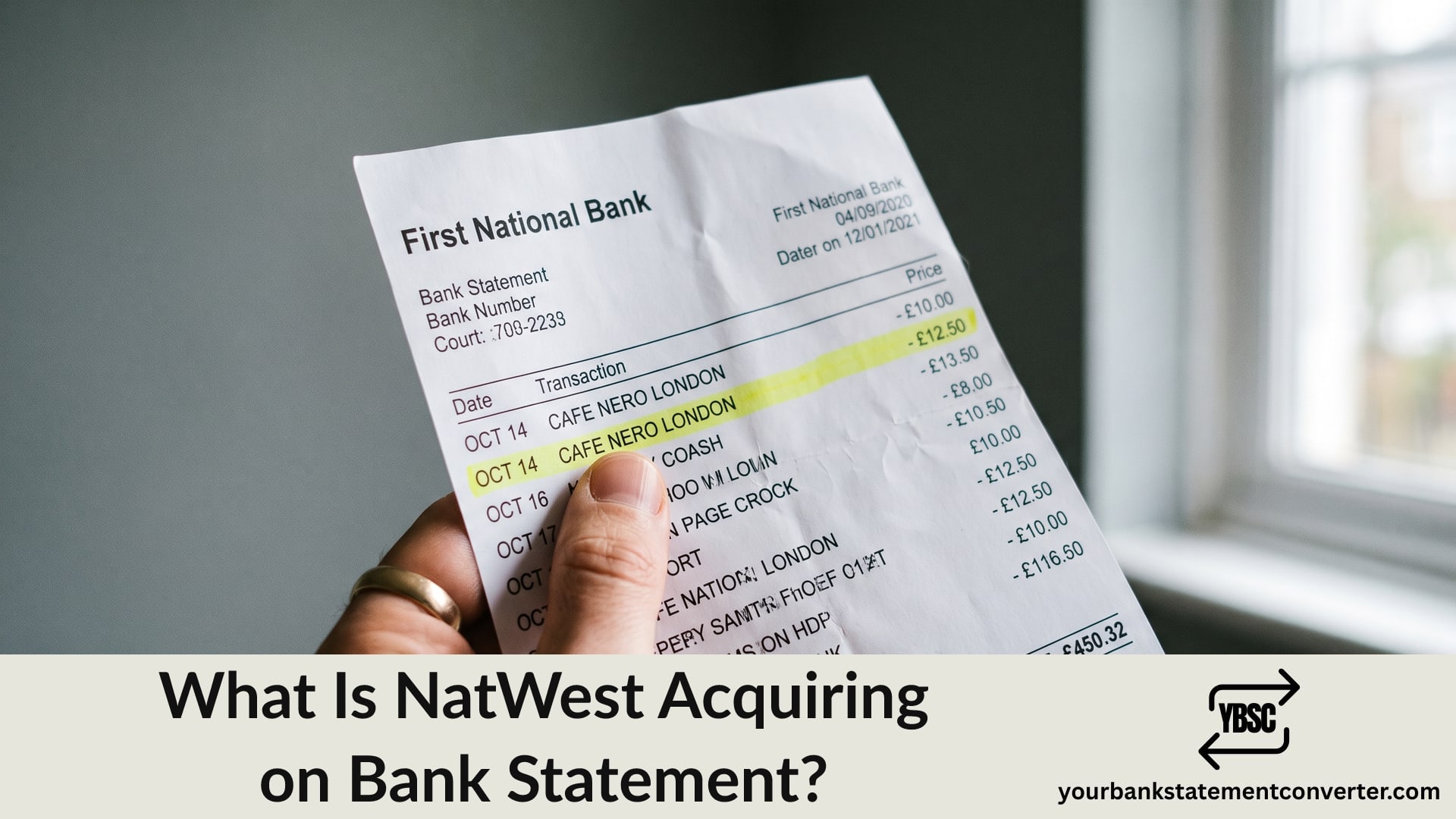 Finger pointing at a NatWest Acquiring entry on a bank statement