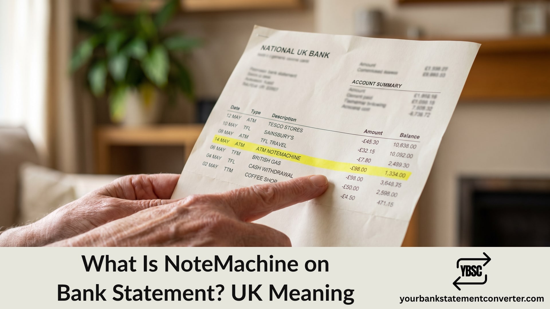 Hand pointing at a NoteMachine ATM withdrawal highlighted on a UK bank statement