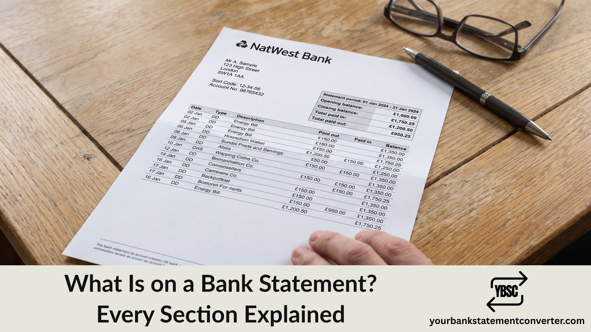 A UK bank statement with the header, balance and transaction sections visible