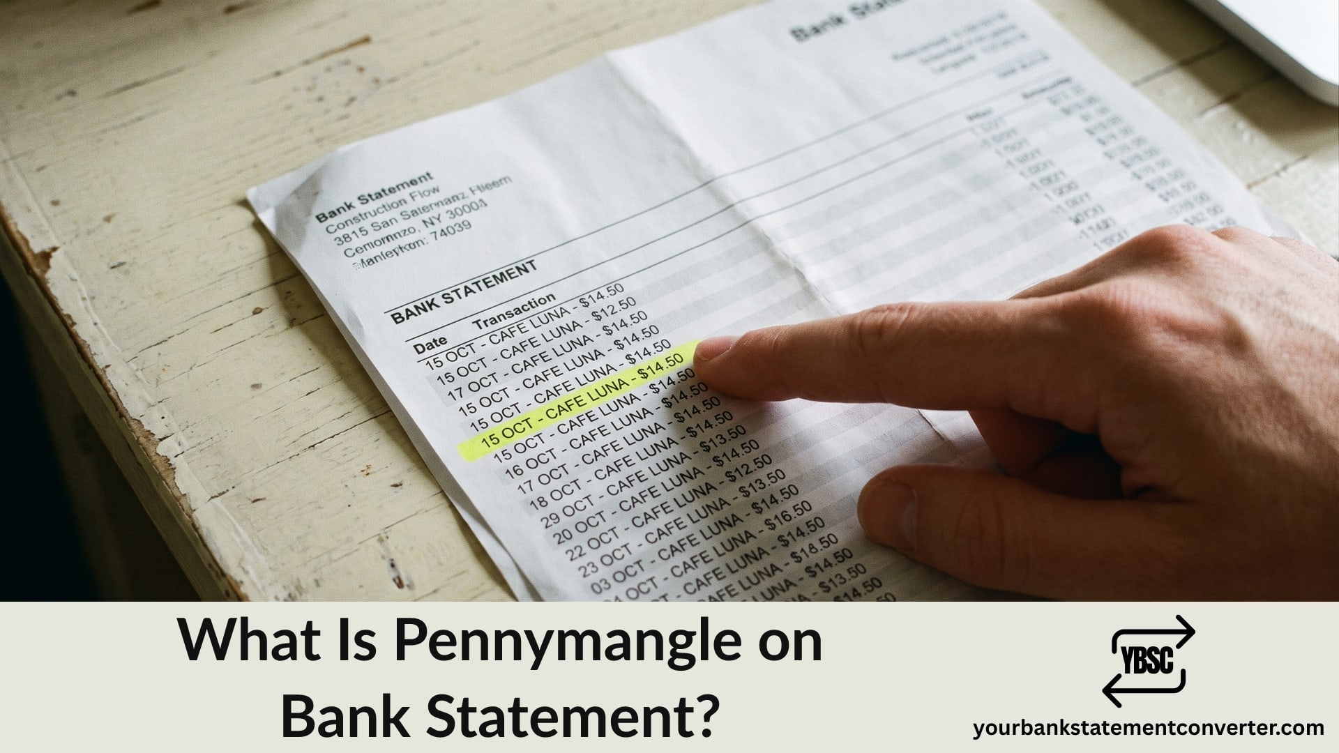 Finger pointing at a Pennymangle charge on a bank statement