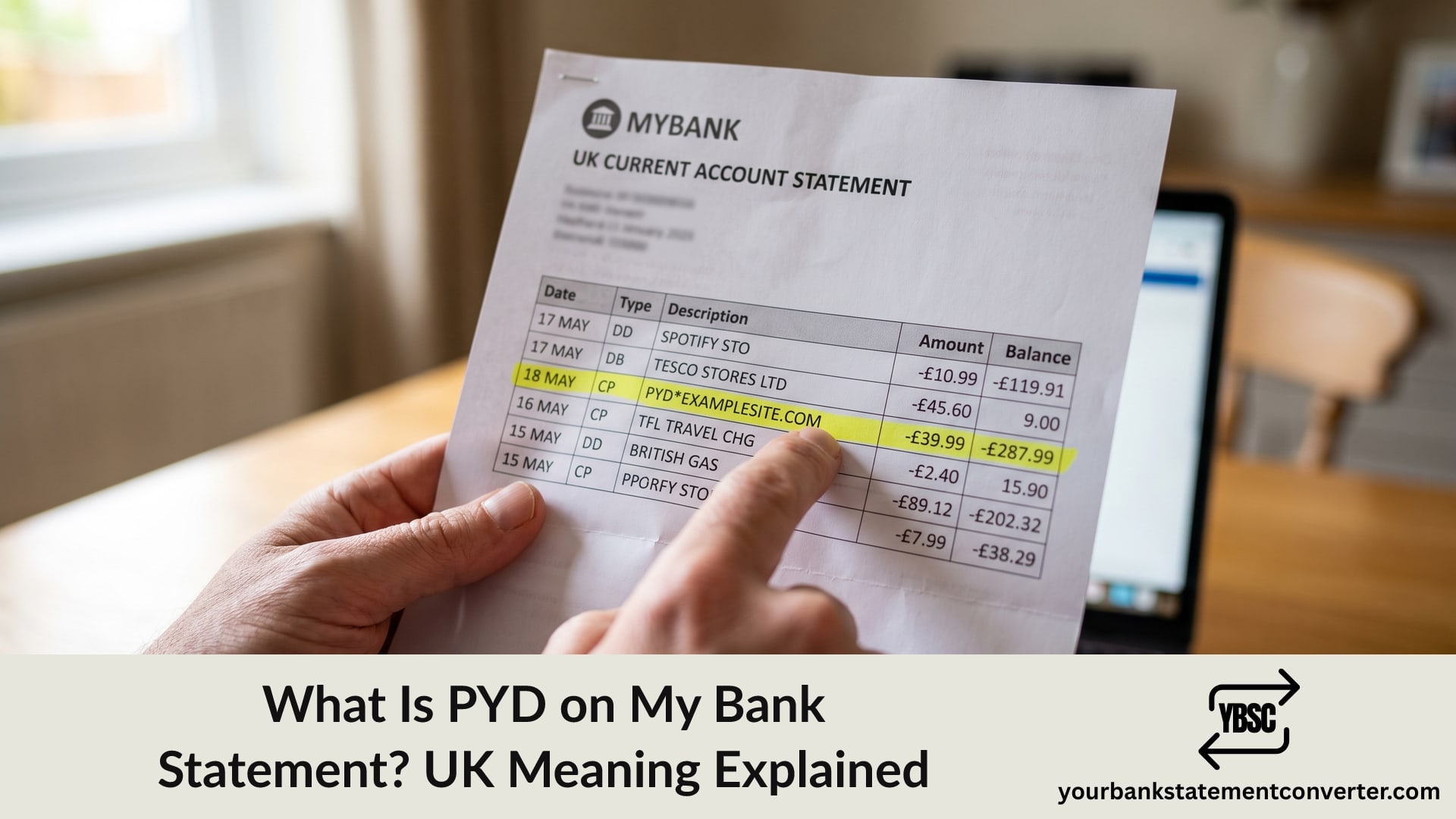 Finger pointing at a PYD payment descriptor highlighted on a bank statement