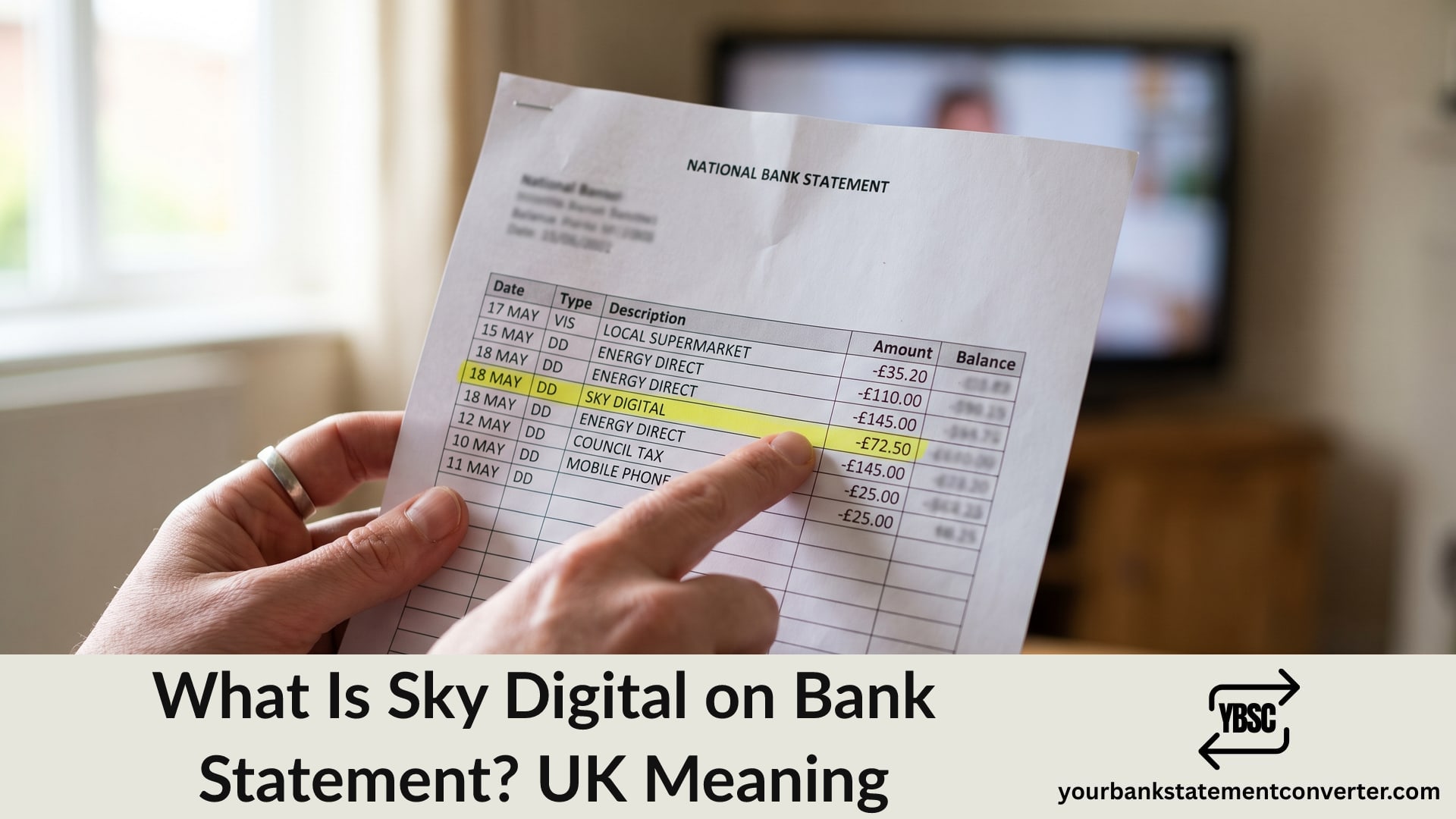Finger pointing at a Sky Digital direct debit on a UK bank statement