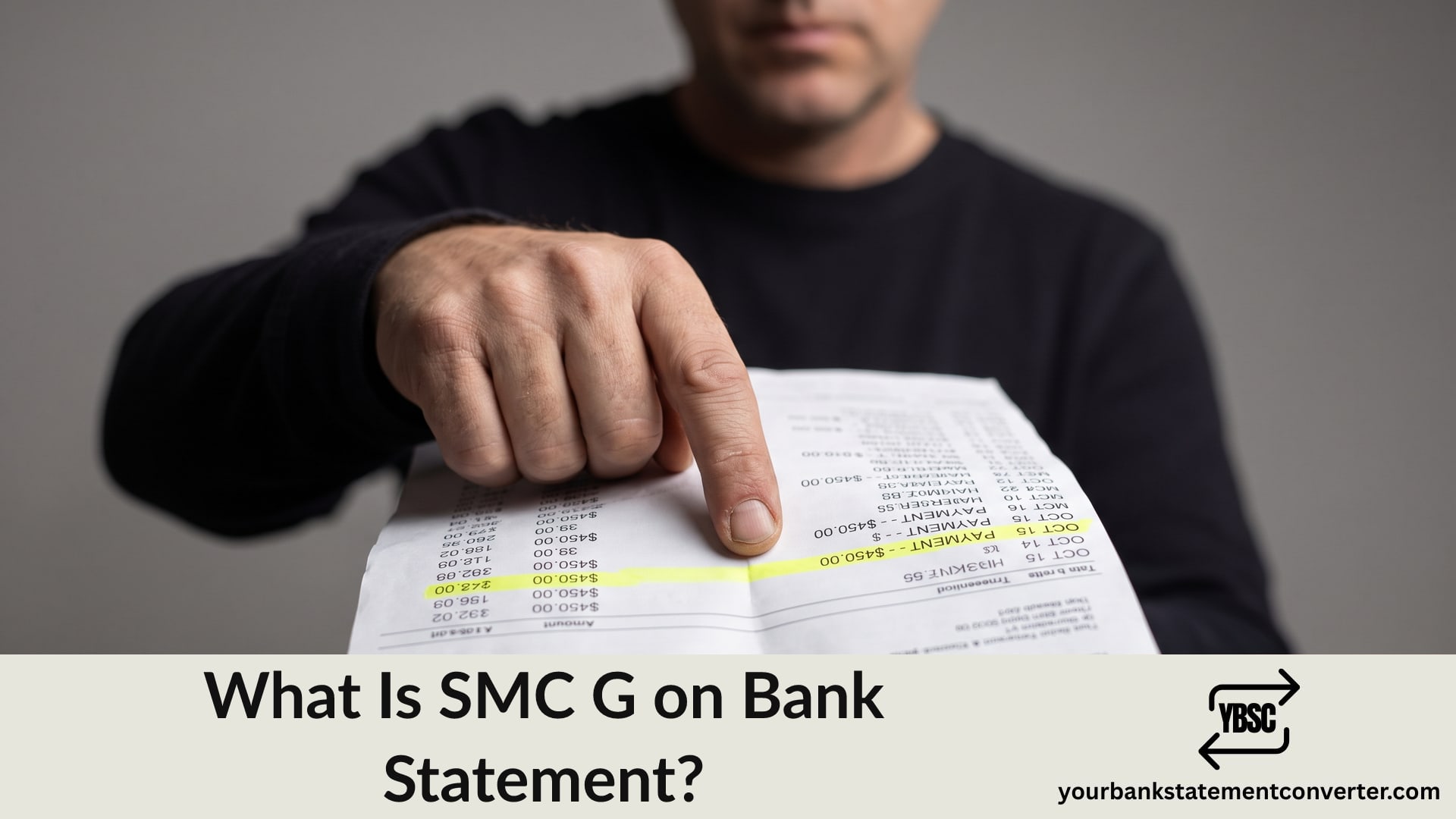 Finger pointing at an SMC G entry on a bank statement