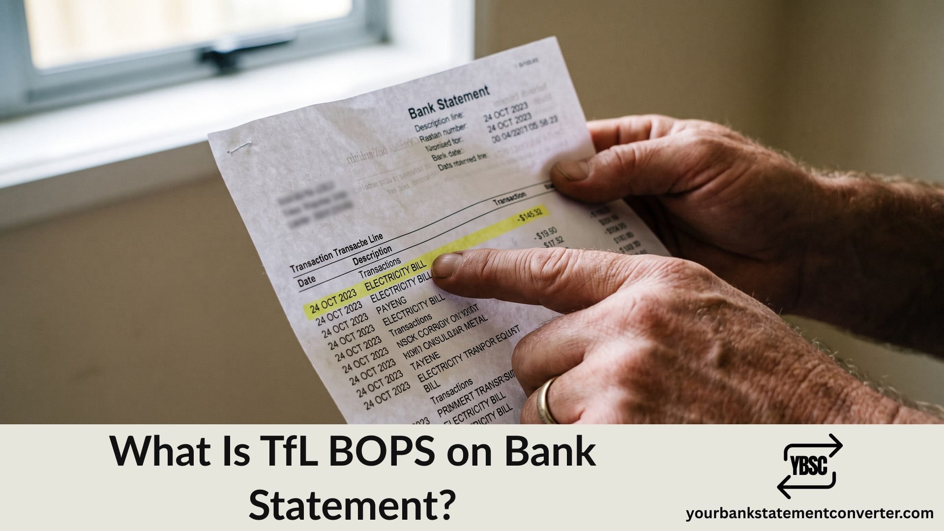 Finger pointing at a TfL BOPS charge on a bank statement