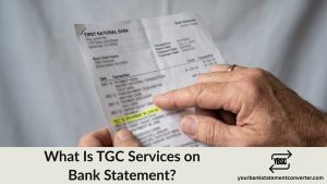 Finger pointing at a TGC Services entry on a bank statement