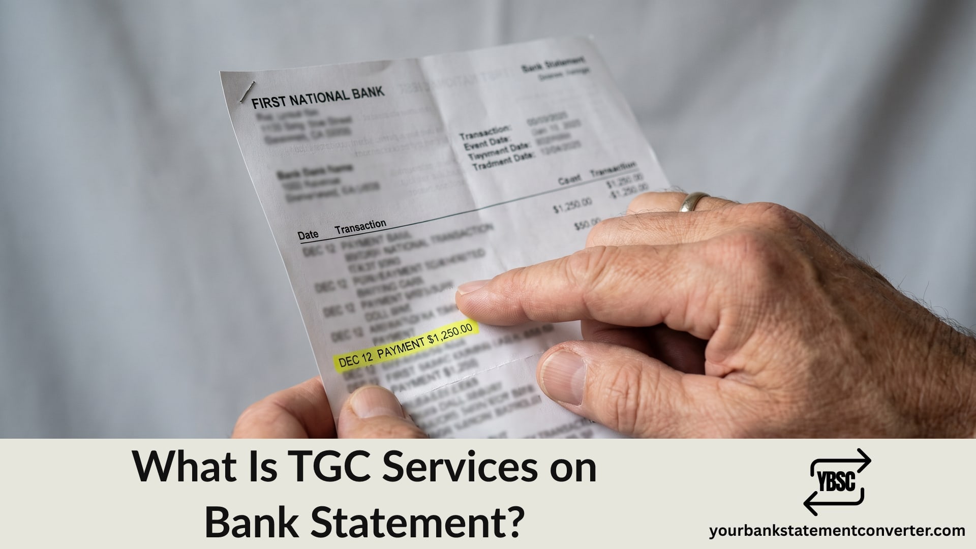 Finger pointing at a TGC Services entry on a bank statement