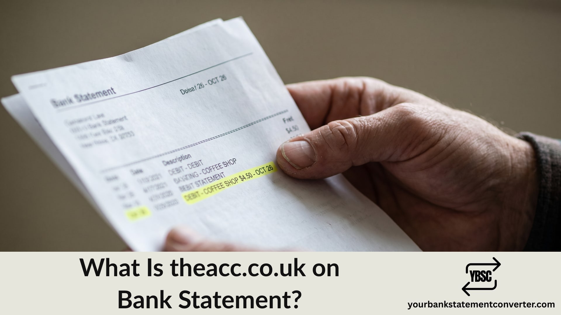 Finger pointing at a theacc.co.uk charge on a bank statement