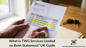Finger pointing at a TWG Services Limited direct debit on a UK bank statement