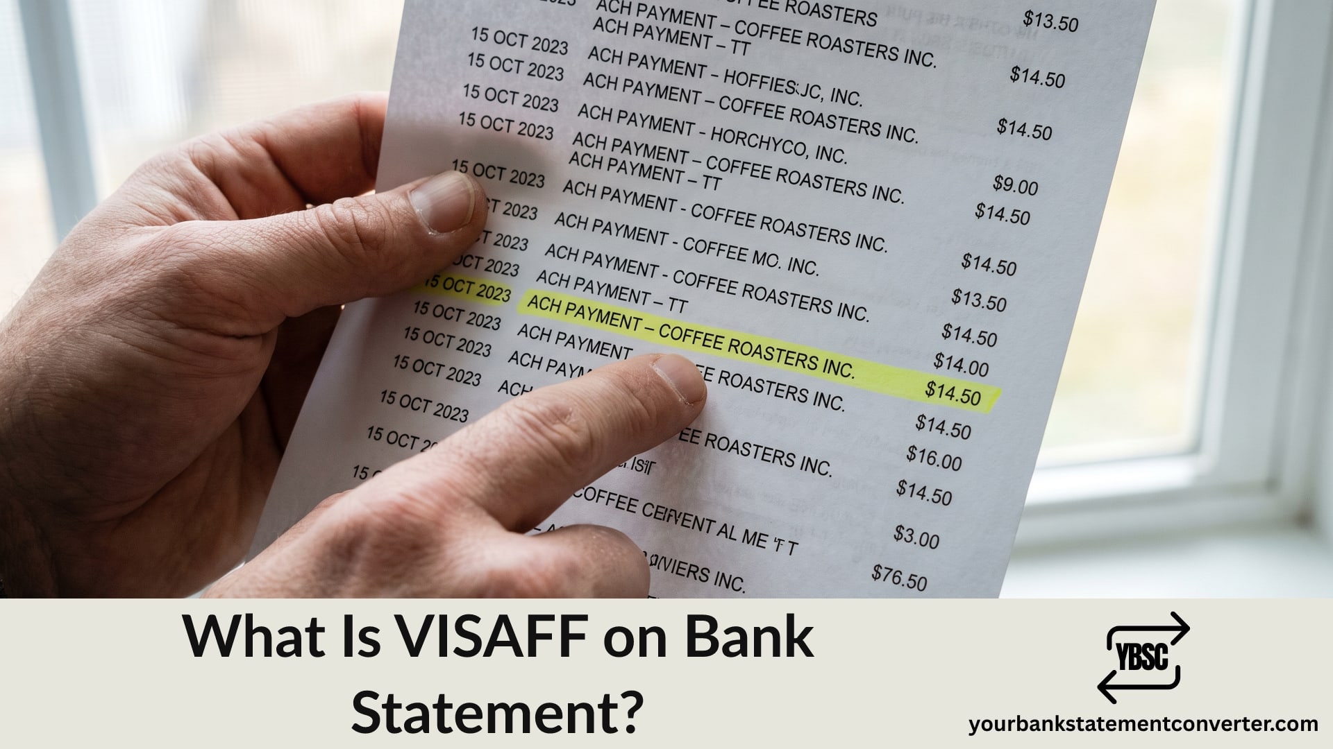 Finger pointing at a VISAFF credit on a bank statement