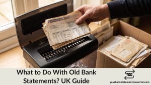 A stack of old paper bank statements being sorted for shredding