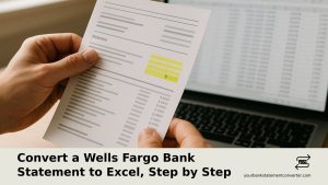 Hands holding a printed bank statement over a desk with a laptop displaying a spreadsheet in the background.
