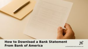 A flowchart showing two equal paths for downloading Bank of America statements online or via mobile app, both producing PDF files, with an optional conversion step to reach Excel or CSV format.